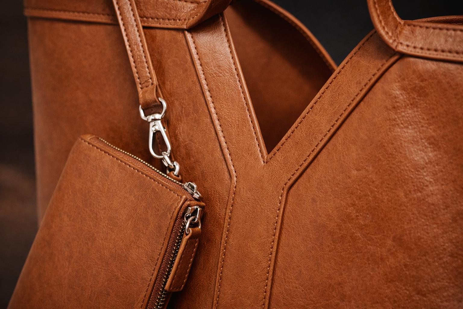 Genuine Cowhide Leather Tote Bag, Minimalist Work Shoulder Bag with Pouch