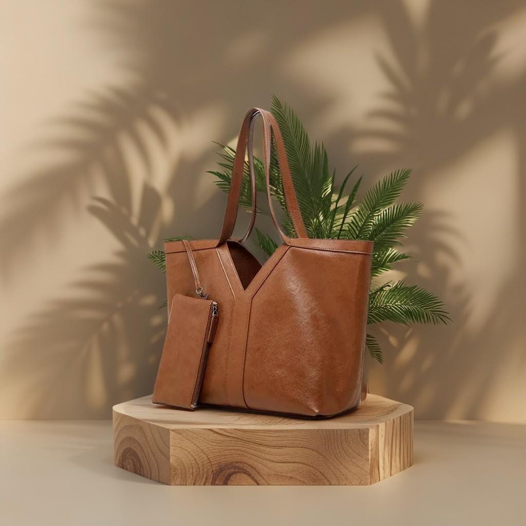 Genuine Cowhide Leather Tote Bag, Minimalist Work Shoulder Bag with Pouch
