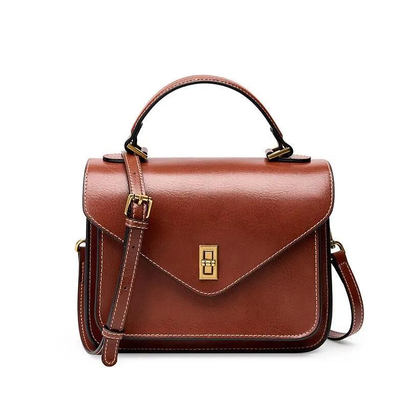 Genuine Leather Crossbody Bag, Structured Vintage Style Handbag, Minimal Shoulder Purse