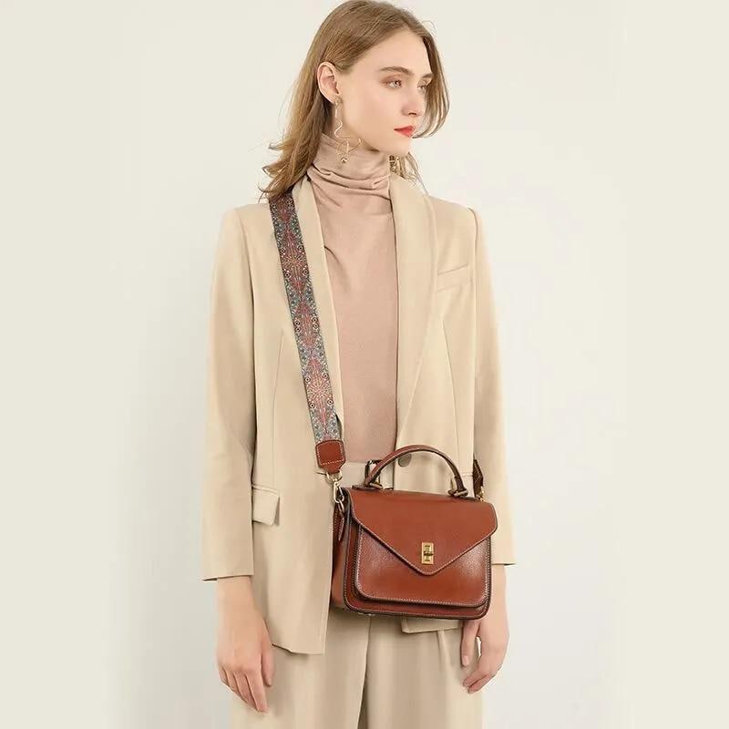 Genuine Leather Crossbody Bag, Structured Vintage Style Handbag, Minimal Shoulder Purse