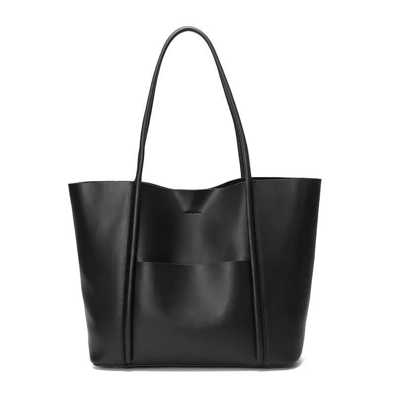 Genuine Leather Minimalist Tote Bag with Removable Pouch, Large Work Shoulder Bag
