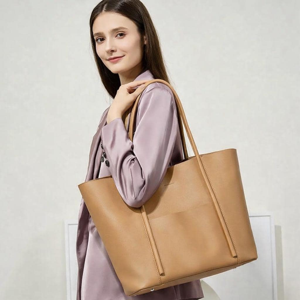 Genuine Leather Minimalist Tote Bag with Removable Pouch, Large Work Shoulder Bag