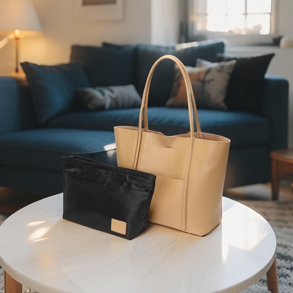 Genuine Leather Minimalist Tote Bag with Removable Pouch, Large Work Shoulder Bag