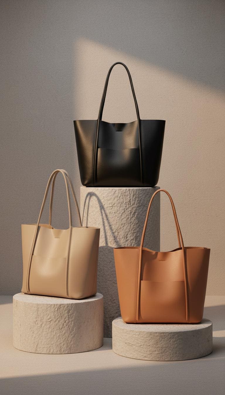 Genuine Leather Minimalist Tote Bag with Removable Pouch, Large Work Shoulder Bag