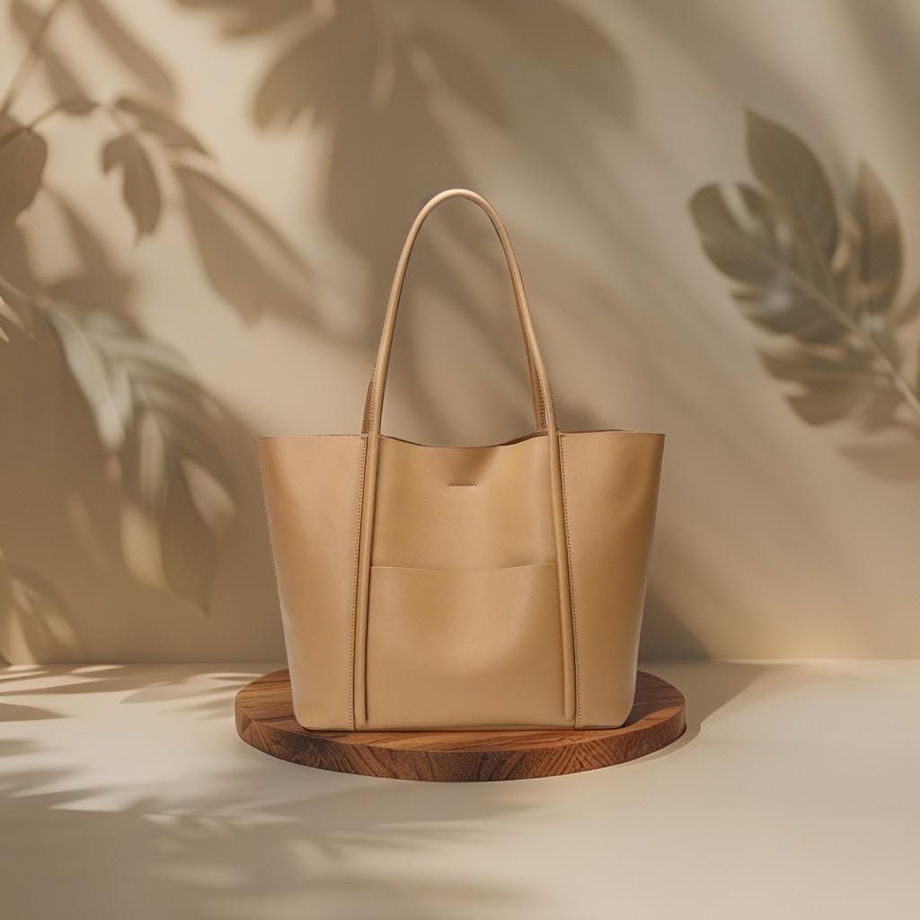 Genuine Leather Minimalist Tote Bag with Removable Pouch, Large Work Shoulder Bag
