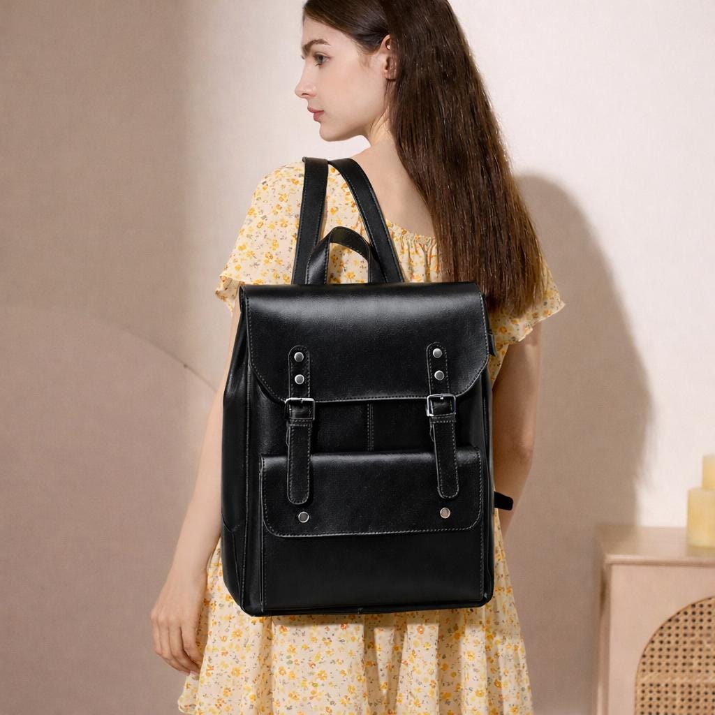 Genuine Leather Backpack, Minimal Vintage Cowhide Rucksack, Laptop Travel Bag