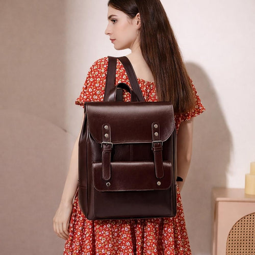 Genuine Leather Backpack, Minimal Vintage Cowhide Rucksack, Laptop Travel Bag