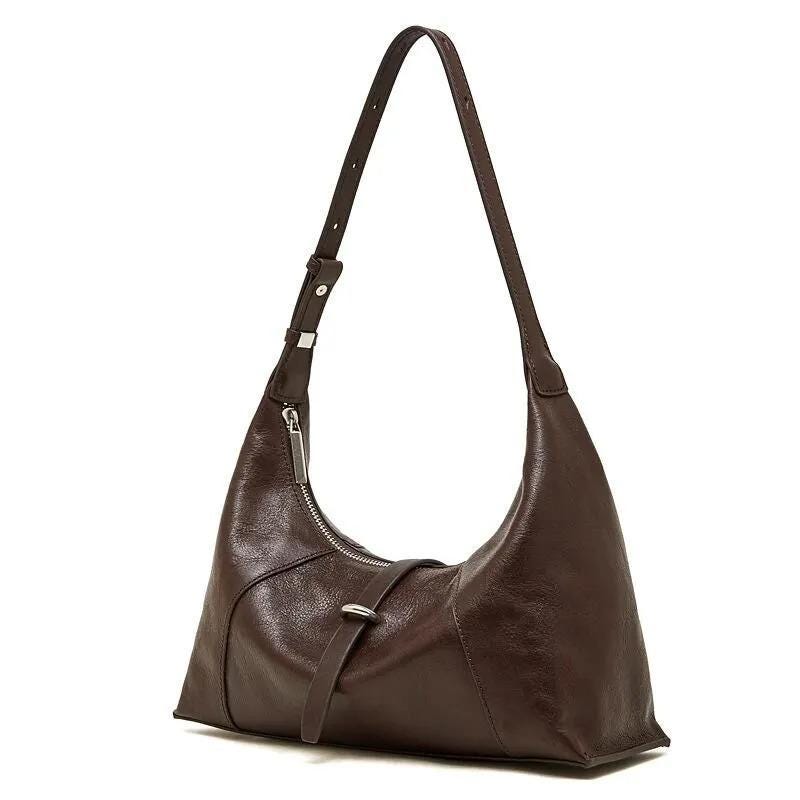 Genuine Leather Hobo Shoulder Bag, Minimalist Slouch Handbag for Women