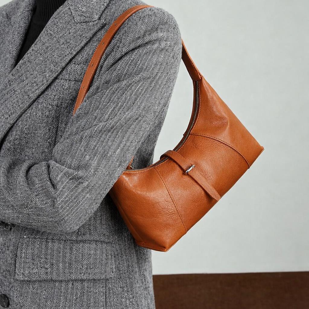 Genuine Leather Hobo Shoulder Bag, Minimalist Slouch Handbag for Women