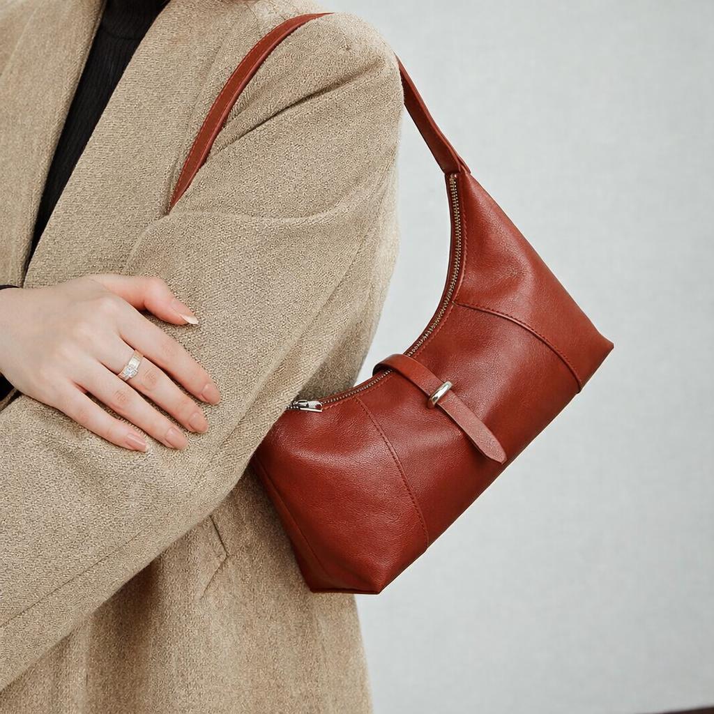 Genuine Leather Hobo Shoulder Bag, Minimalist Slouch Handbag for Women