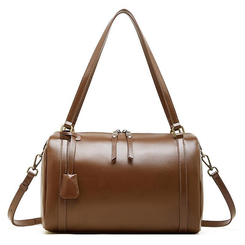 Genuine Leather Medium Duffel Bag for Women, Cylinder Shoulder Bag with Crossbody Strap