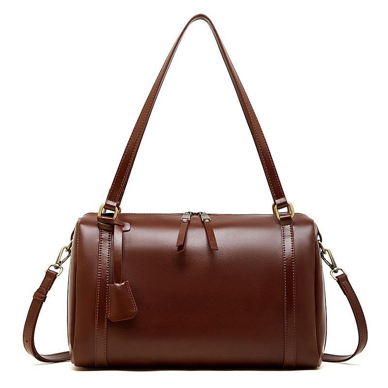 Genuine Leather Medium Duffel Bag for Women, Cylinder Shoulder Bag with Crossbody Strap