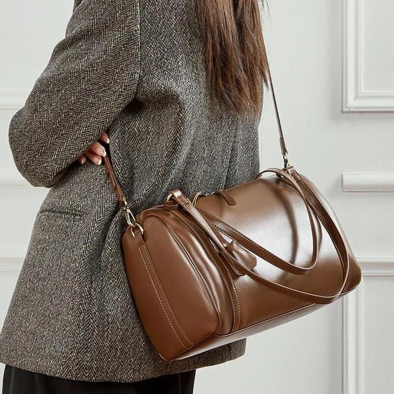 Genuine Leather Medium Duffel Bag for Women, Cylinder Shoulder Bag with Crossbody Strap