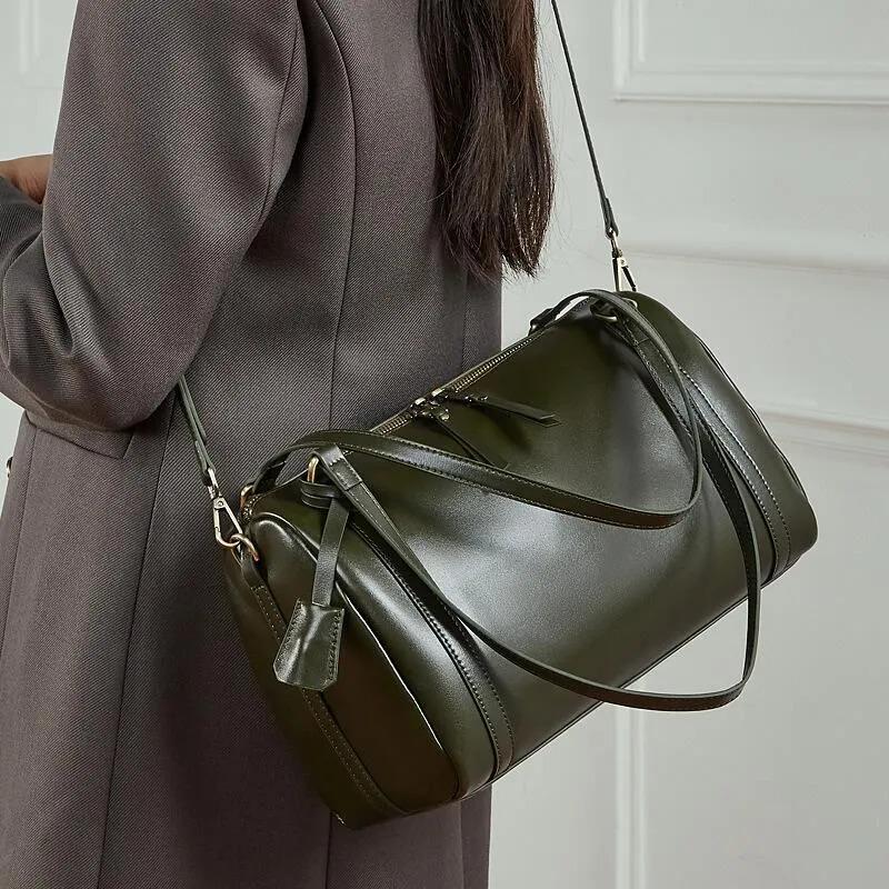 Genuine Leather Medium Duffel Bag for Women, Cylinder Shoulder Bag with Crossbody Strap