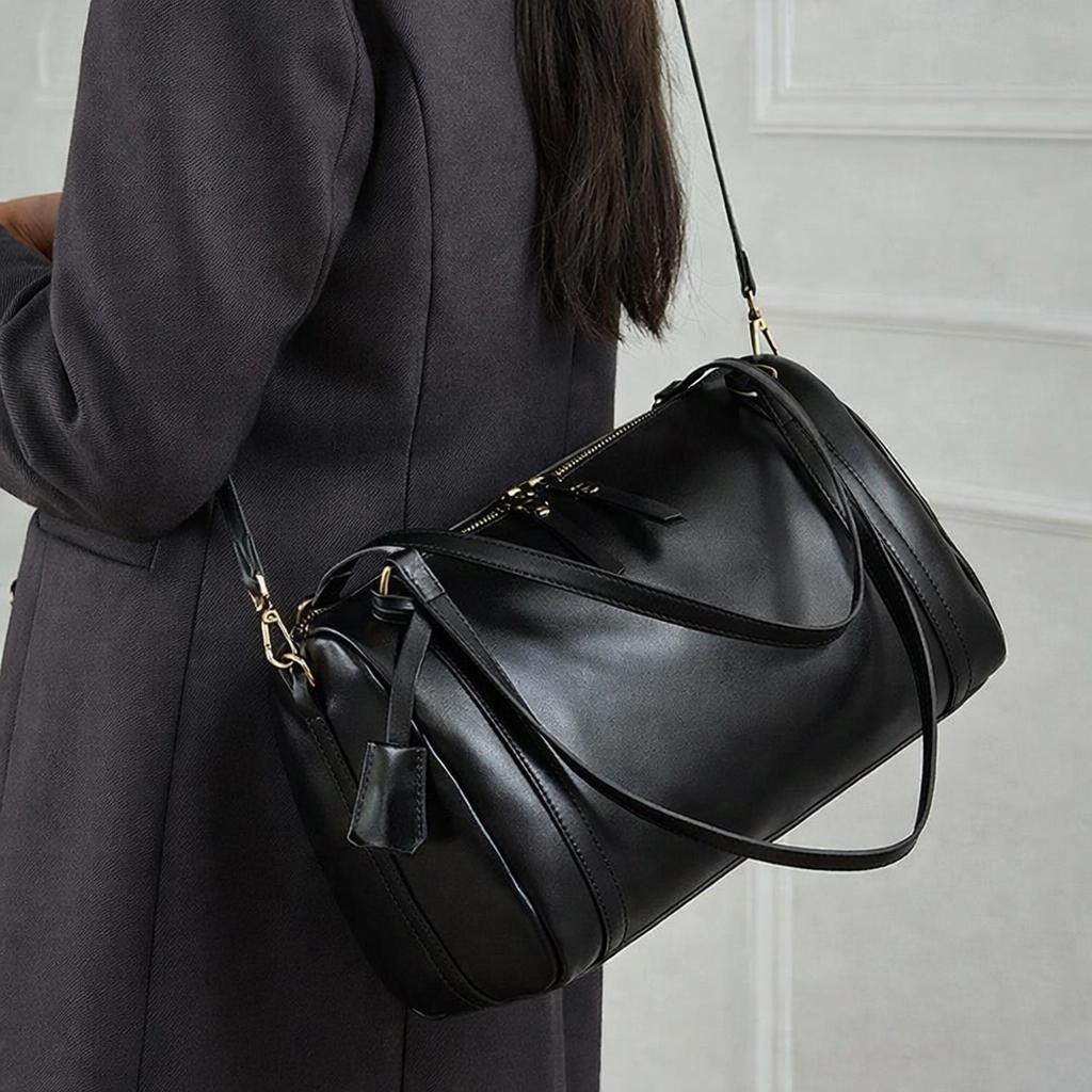 Genuine Leather Medium Duffel Bag for Women, Cylinder Shoulder Bag with Crossbody Strap