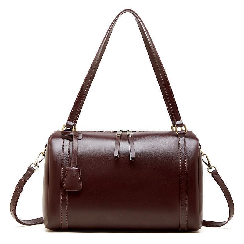 Genuine Leather Medium Duffel Bag for Women, Cylinder Shoulder Bag with Crossbody Strap