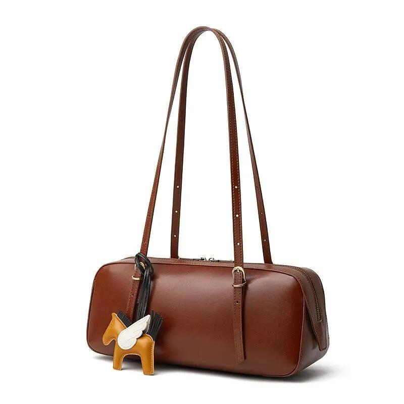 Baguette Leather Shoulder Bag, Minimalist Cowhide Purse with Winged Horse Charm