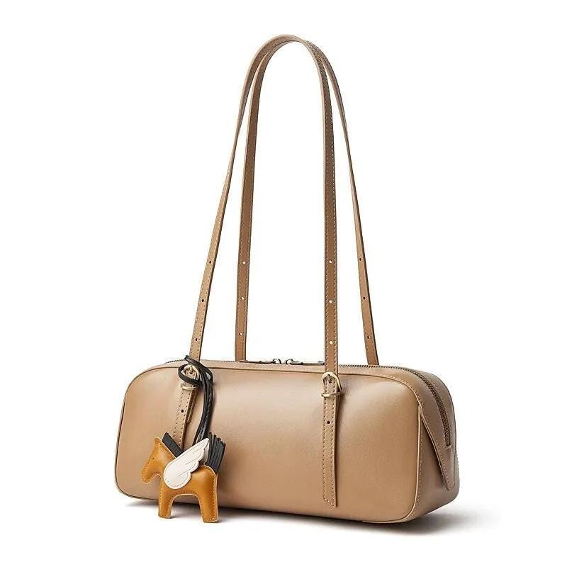 Baguette Leather Shoulder Bag, Minimalist Cowhide Purse with Winged Horse Charm