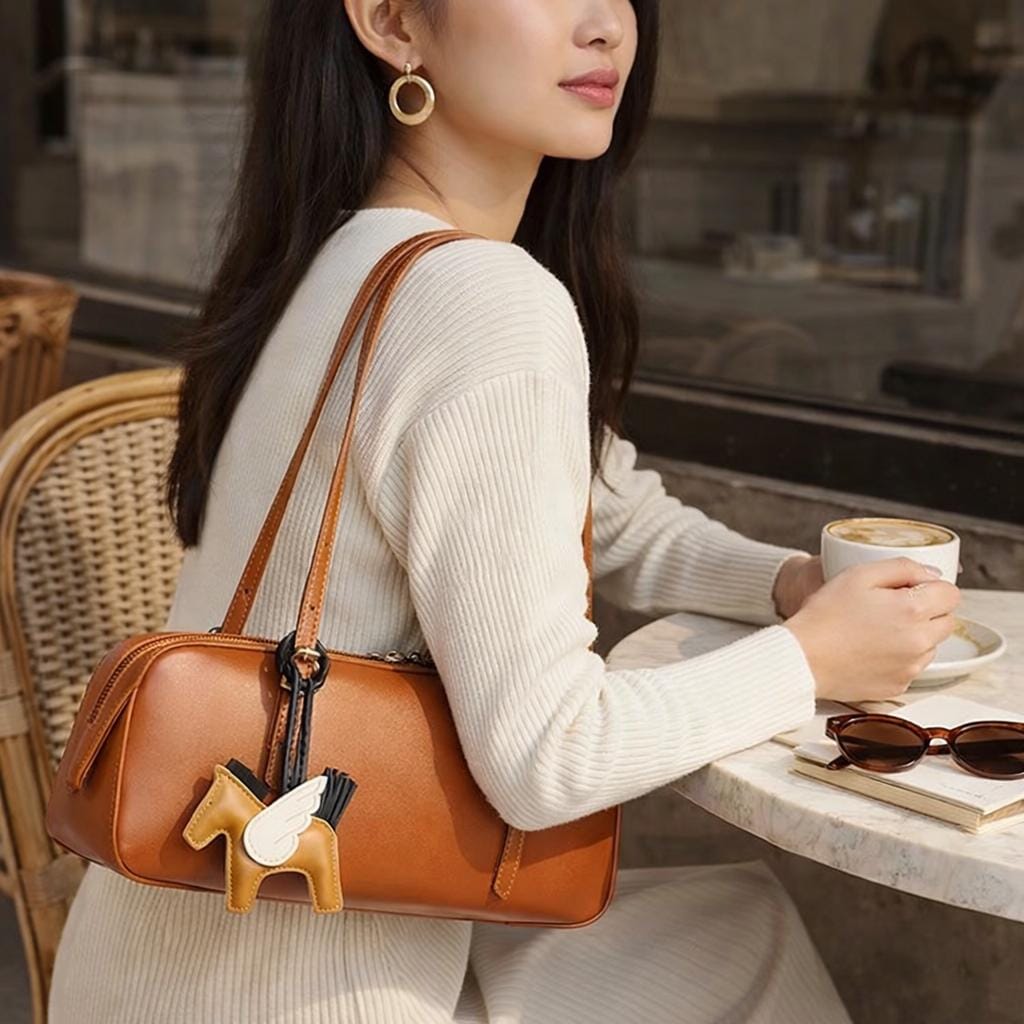 Baguette Leather Shoulder Bag, Minimalist Cowhide Purse with Winged Horse Charm