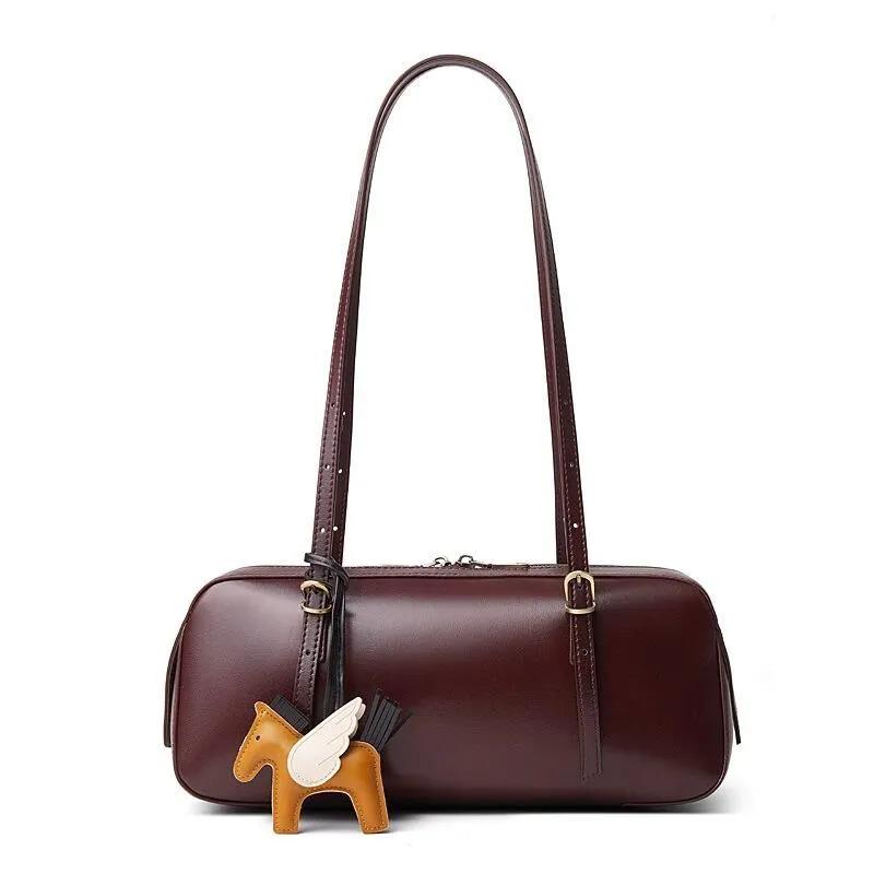 Baguette Leather Shoulder Bag, Minimalist Cowhide Purse with Winged Horse Charm
