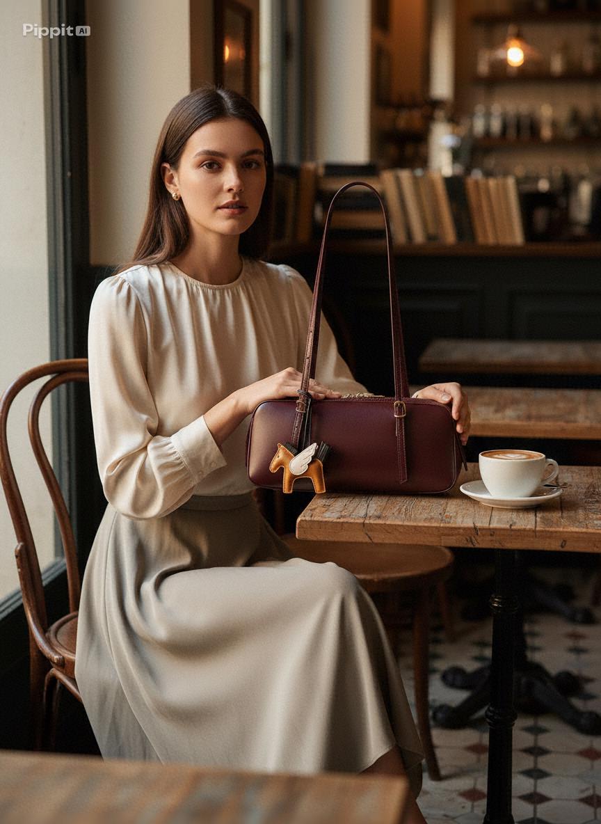 Baguette Leather Shoulder Bag, Minimalist Cowhide Purse with Winged Horse Charm