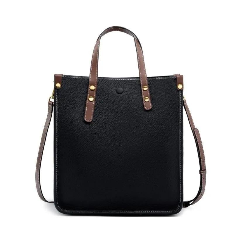 Minimalist Cowhide Leather Tote Bag, Structured Shoulder Handbag, Crossbody Straps