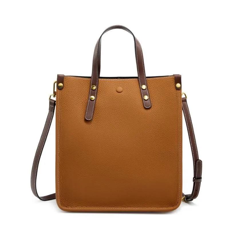 Minimalist Cowhide Leather Tote Bag, Structured Shoulder Handbag, Crossbody Straps