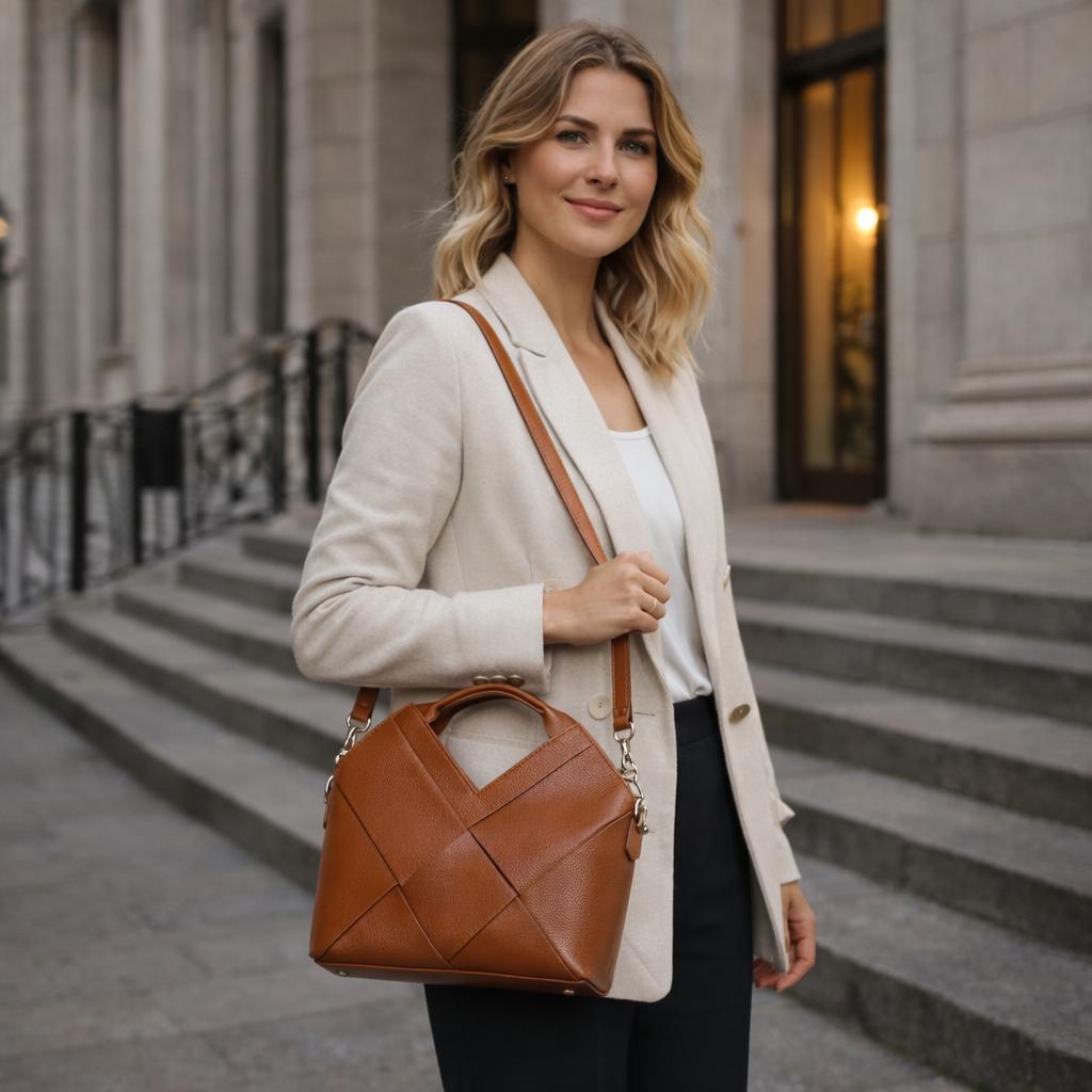 Geometric Woven Genuine Leather Bag,Top handle with Crossbody Strap