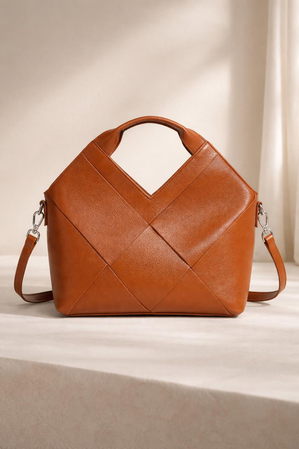 Geometric Woven Genuine Leather Bag,Top handle with Crossbody Strap
