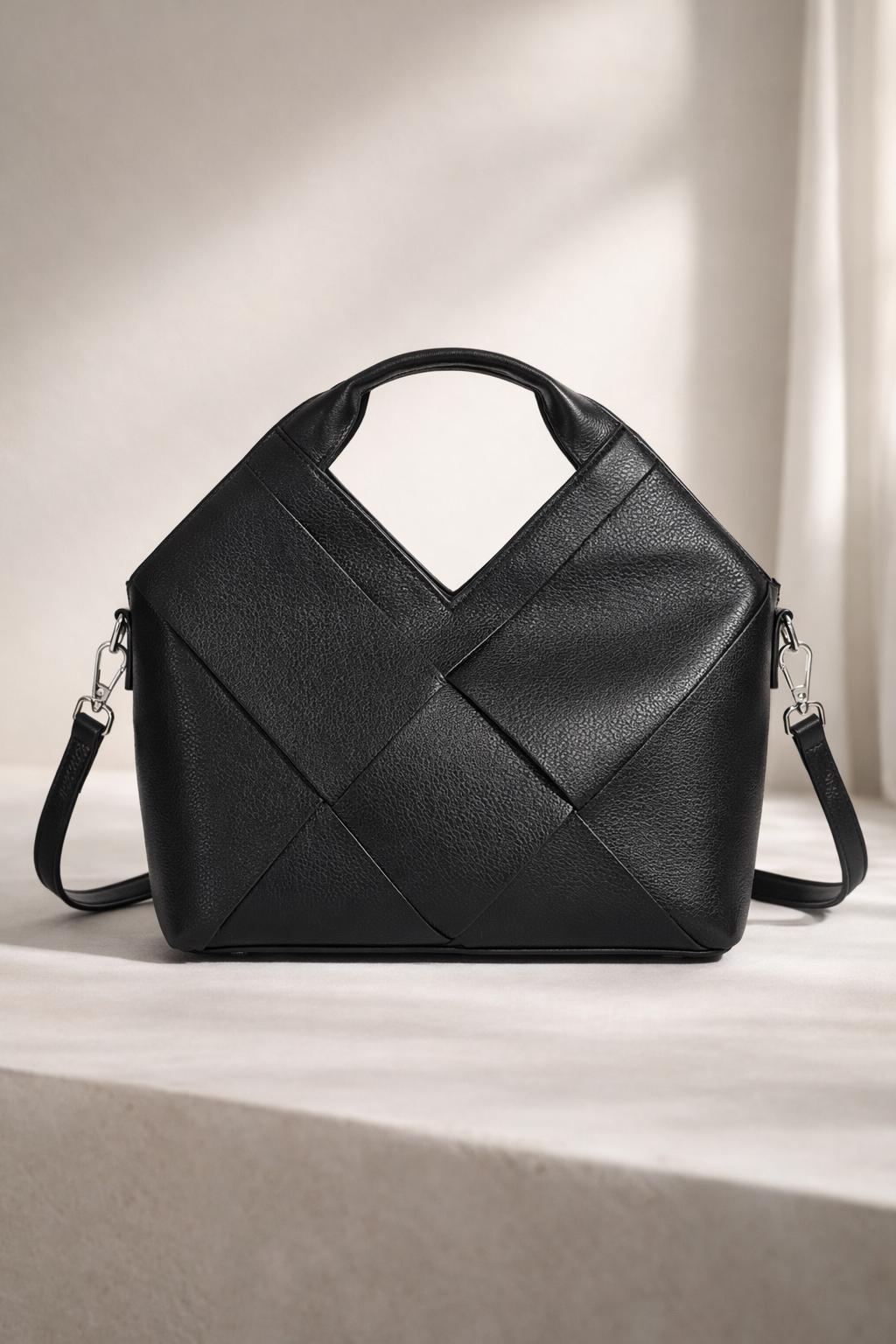 Geometric Woven Genuine Leather Bag,Top handle with Crossbody Strap