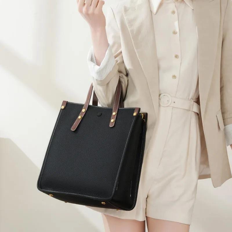 Minimalist Cowhide Leather Tote Bag, Structured Shoulder Handbag, Crossbody Straps