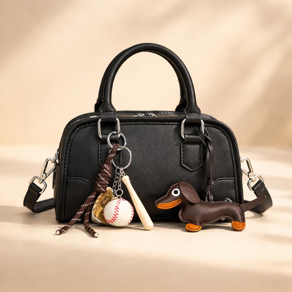Mini Duffel Leather Bag with Dachshund Charm, Boston Style Top Handle Handbag, Small Crossbody