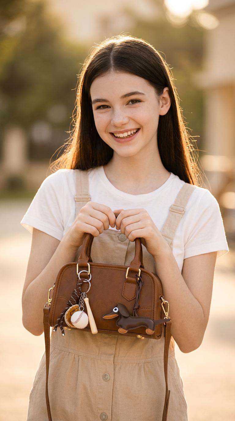 Mini Duffel Leather Bag with Dachshund Charm, Boston Style Top Handle Handbag, Small Crossbody