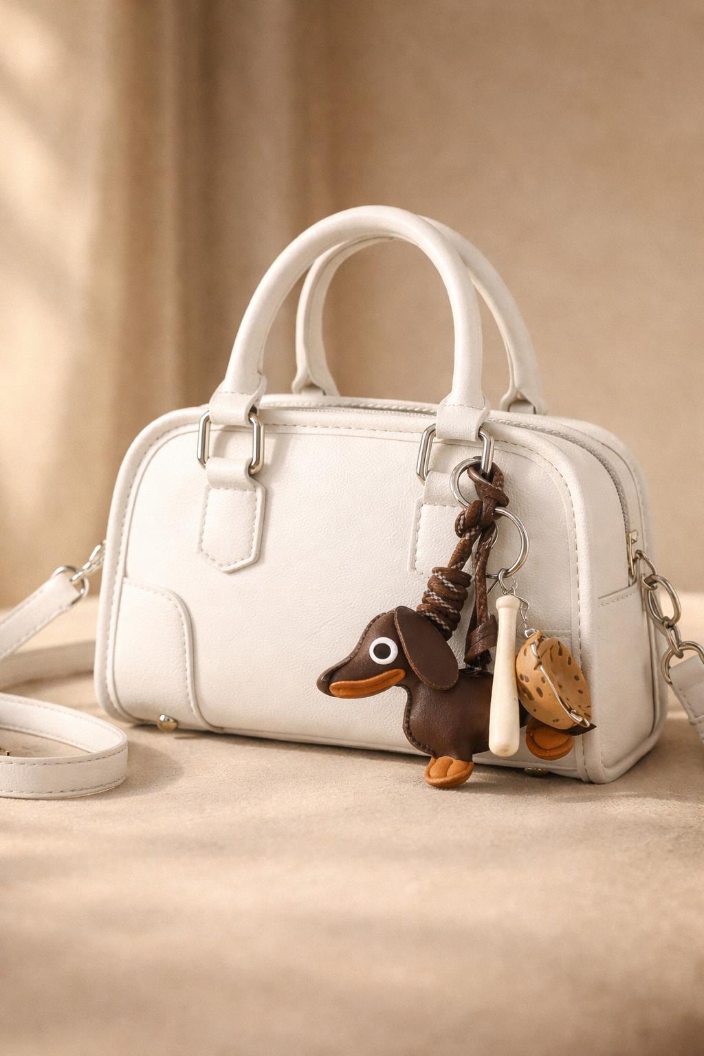 Mini Duffel Leather Bag with Dachshund Charm, Boston Style Top Handle Handbag, Small Crossbody