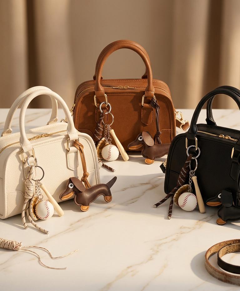 Mini Duffel Leather Bag with Dachshund Charm, Boston Style Top Handle Handbag, Small Crossbody