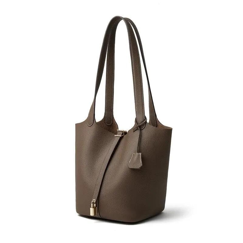 Genuine Leather Shoulder Bag for Women, Large Minimal Bucket Tote