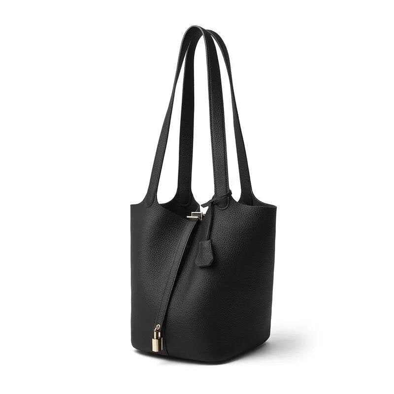 Genuine Leather Shoulder Bag for Women, Large Minimal Bucket Tote