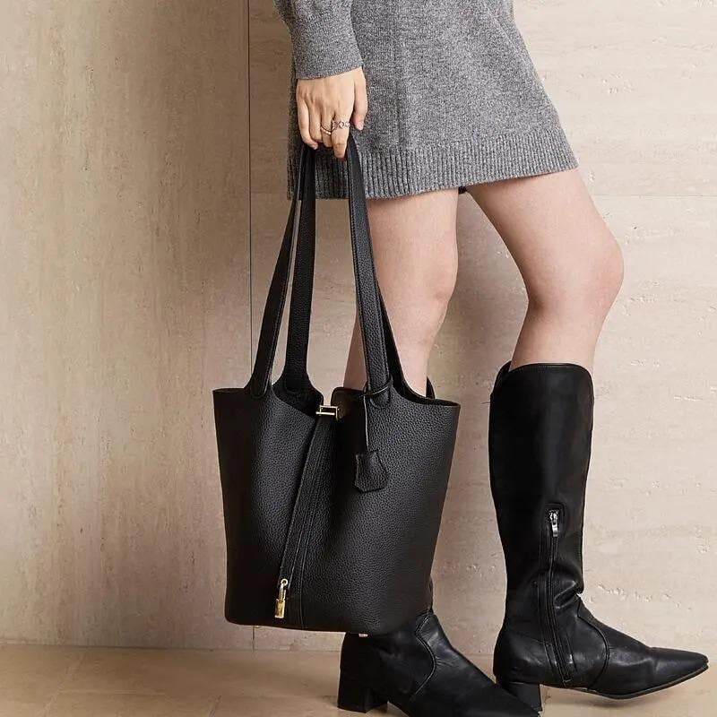 Genuine Leather Shoulder Bag for Women, Large Minimal Bucket Tote