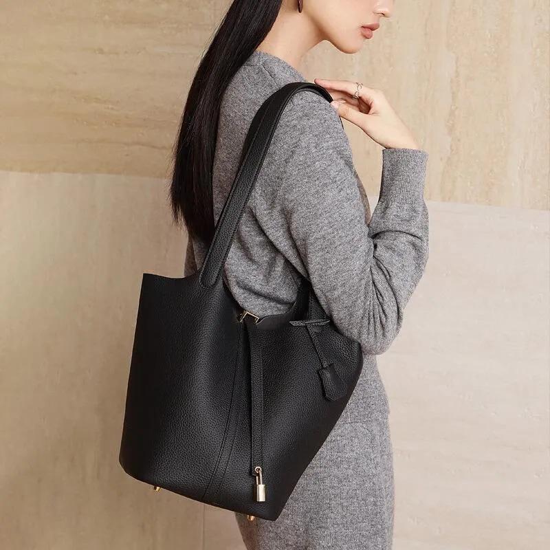 Genuine Leather Shoulder Bag for Women, Large Minimal Bucket Tote