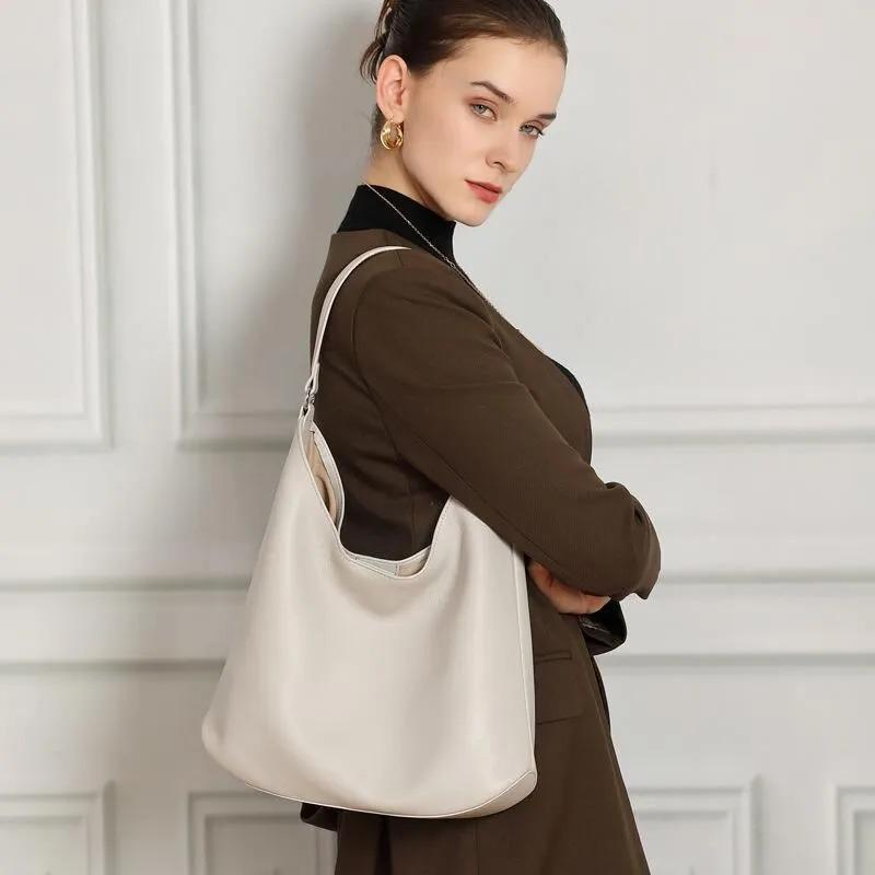 Genuine Leather Hobo Bag, Slouchy Shoulder Bag with Inner Pouch, Minimalist Work Tote