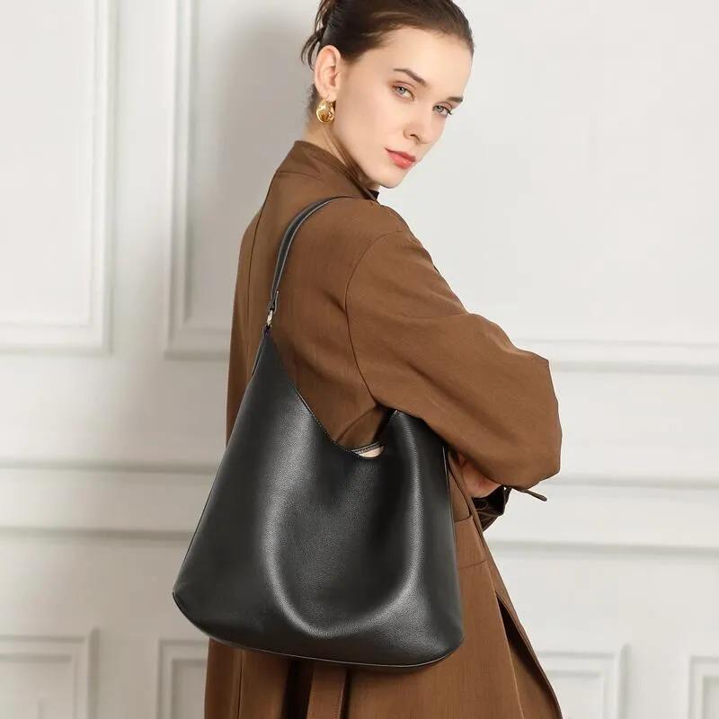 Genuine Leather Hobo Bag, Slouchy Shoulder Bag with Inner Pouch, Minimalist Work Tote