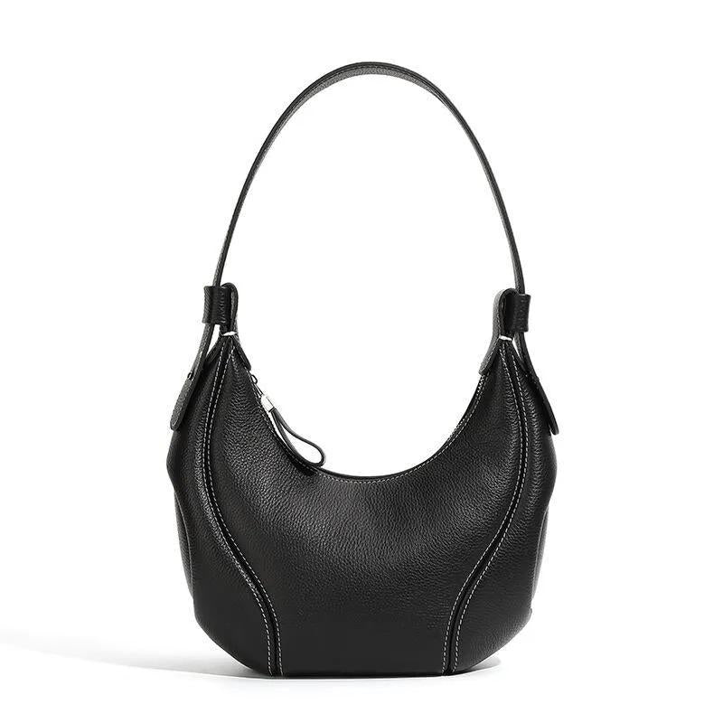 Genuine Leather Crescent Shoulder Bag, Minimalist Handbag, Soft Curved Silhouette