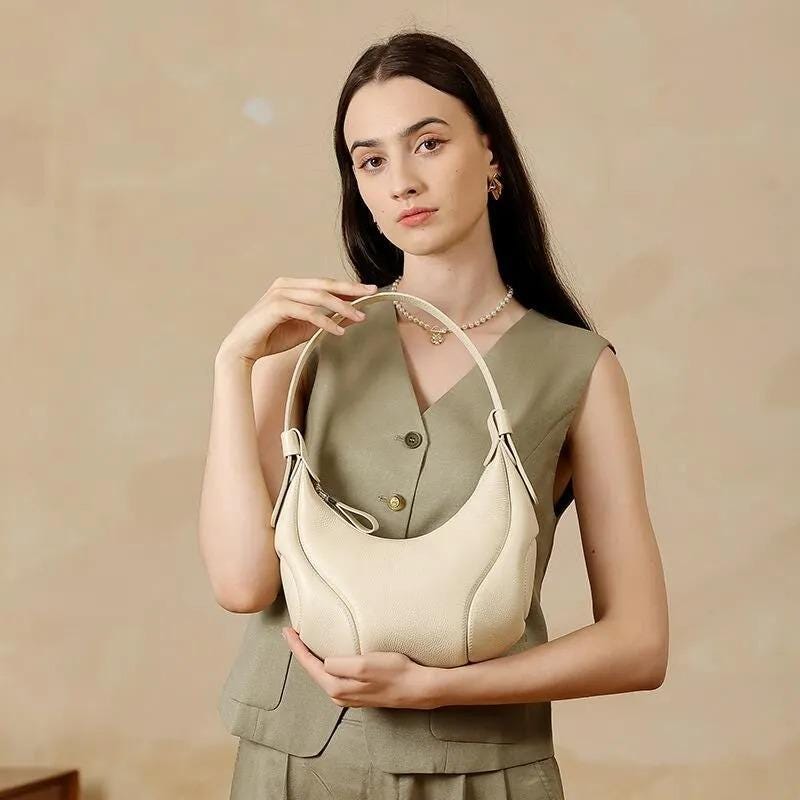 Genuine Leather Crescent Shoulder Bag, Minimalist Handbag, Soft Curved Silhouette