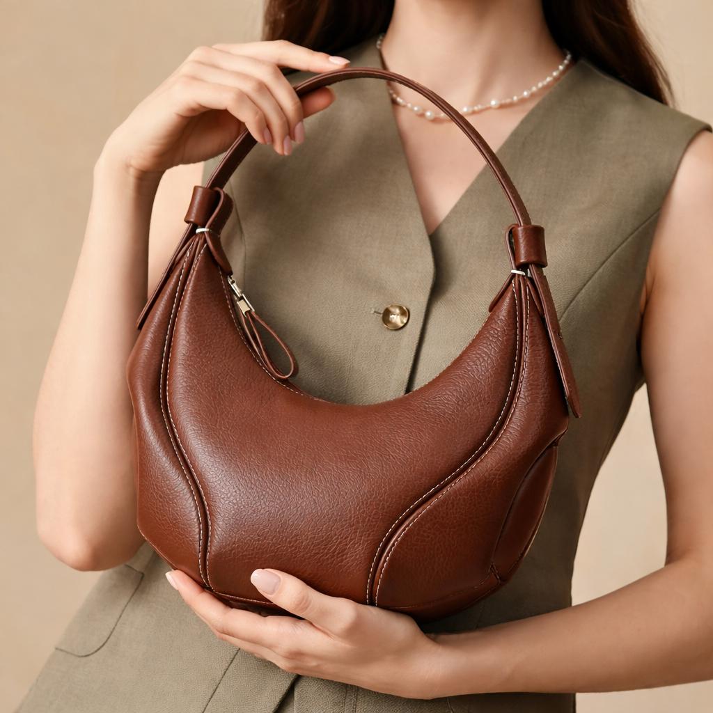 Genuine Leather Crescent Shoulder Bag, Minimalist Handbag, Soft Curved Silhouette