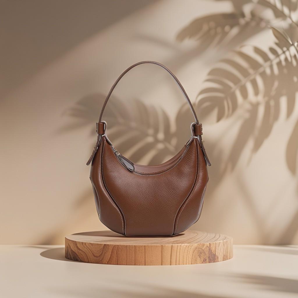 Genuine Leather Crescent Shoulder Bag, Minimalist Handbag, Soft Curved Silhouette
