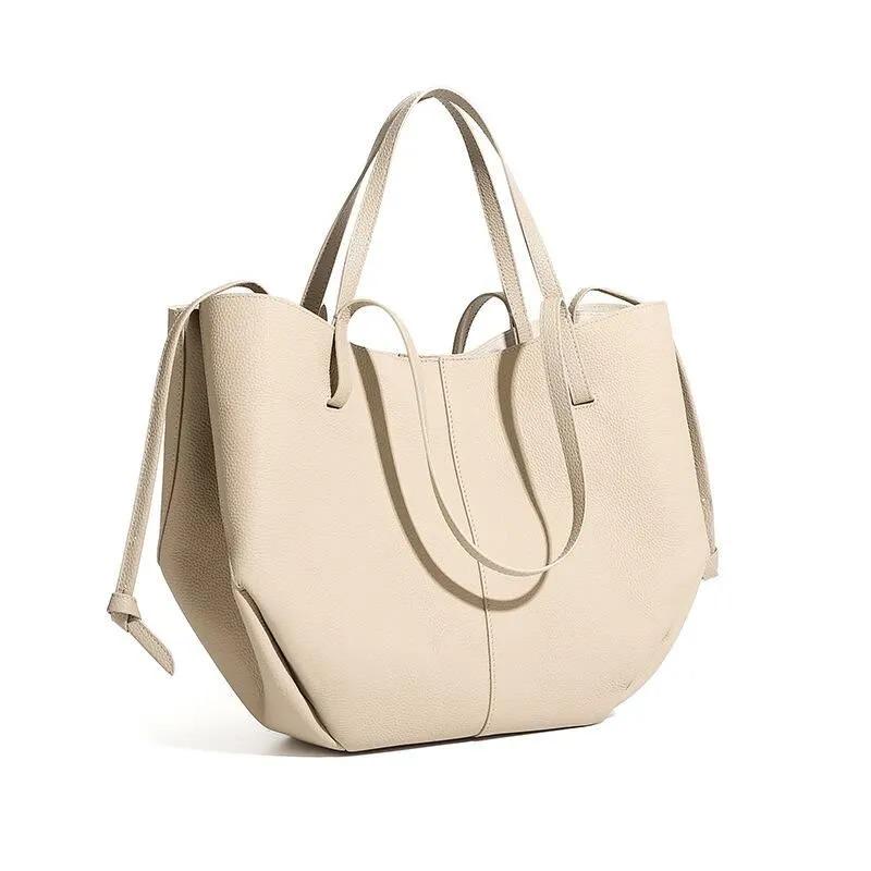 Genuine Leather Tote Bag with Zipper Pouch, Minimalist Shopper and Work Shoulder Bag