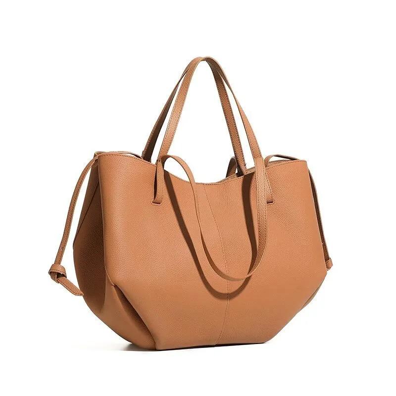 Genuine Leather Tote Bag with Zipper Pouch, Minimalist Shopper and Work Shoulder Bag