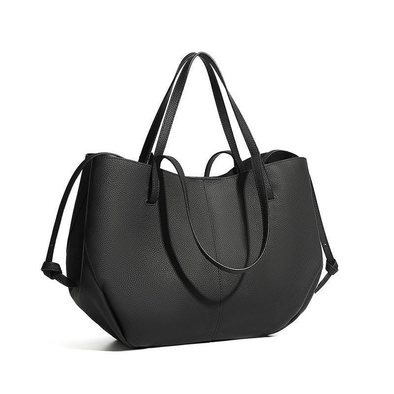 Genuine Leather Tote Bag with Zipper Pouch, Minimalist Shopper and Work Shoulder Bag