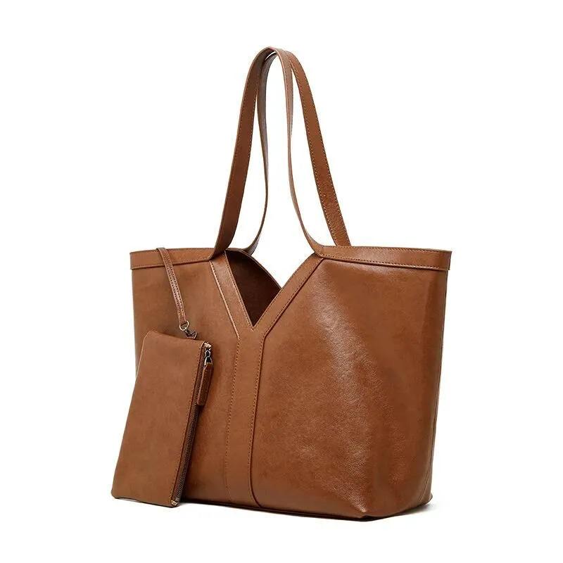 Genuine Cowhide Leather Tote Bag, Minimalist Work Shoulder Bag with Pouch