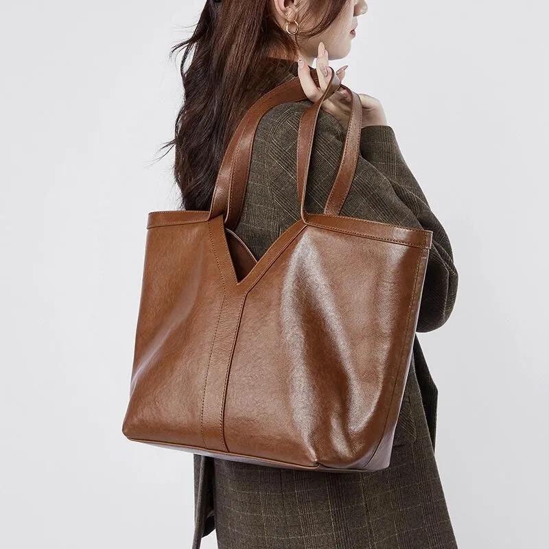 Genuine Cowhide Leather Tote Bag, Minimalist Work Shoulder Bag with Pouch